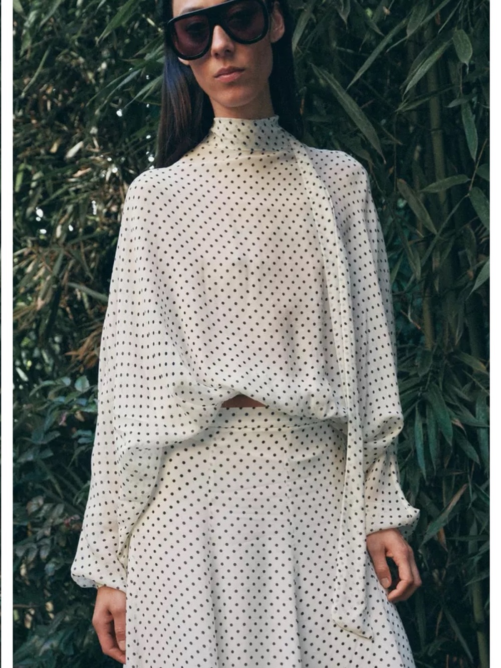 Zara Polka Dot Blouse Top Semi Sheer Draped Puff Sleeves High Neck White Black